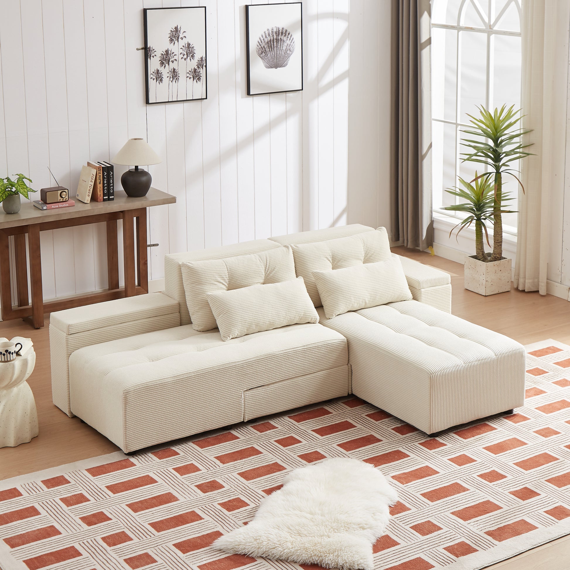 Convertible 3 In 1 Sleeper Sofa And Sectional Sofa With 4 Storage Space For Living Room,Corduroy Couch With 4 Pillows,Corduroy Beige Corduroy 3 Seat