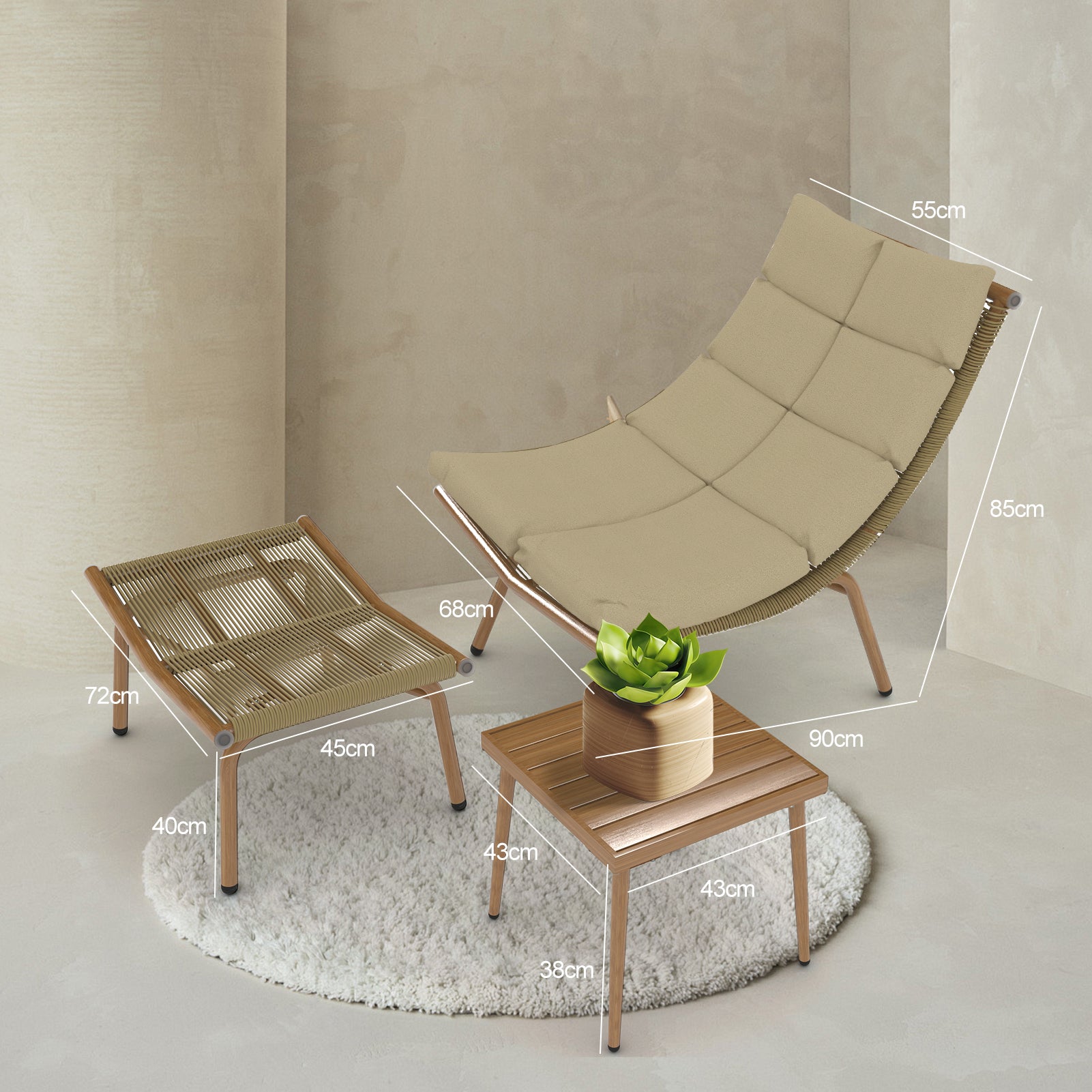 Chaise Lounge Chair With Table For Outdoor Indoor Wood Color Alloy Frame 380Lbs Capacity With Cushion Recliner For Camping Gaming Lunch Break Garden Party Sunbathing Wood Iron