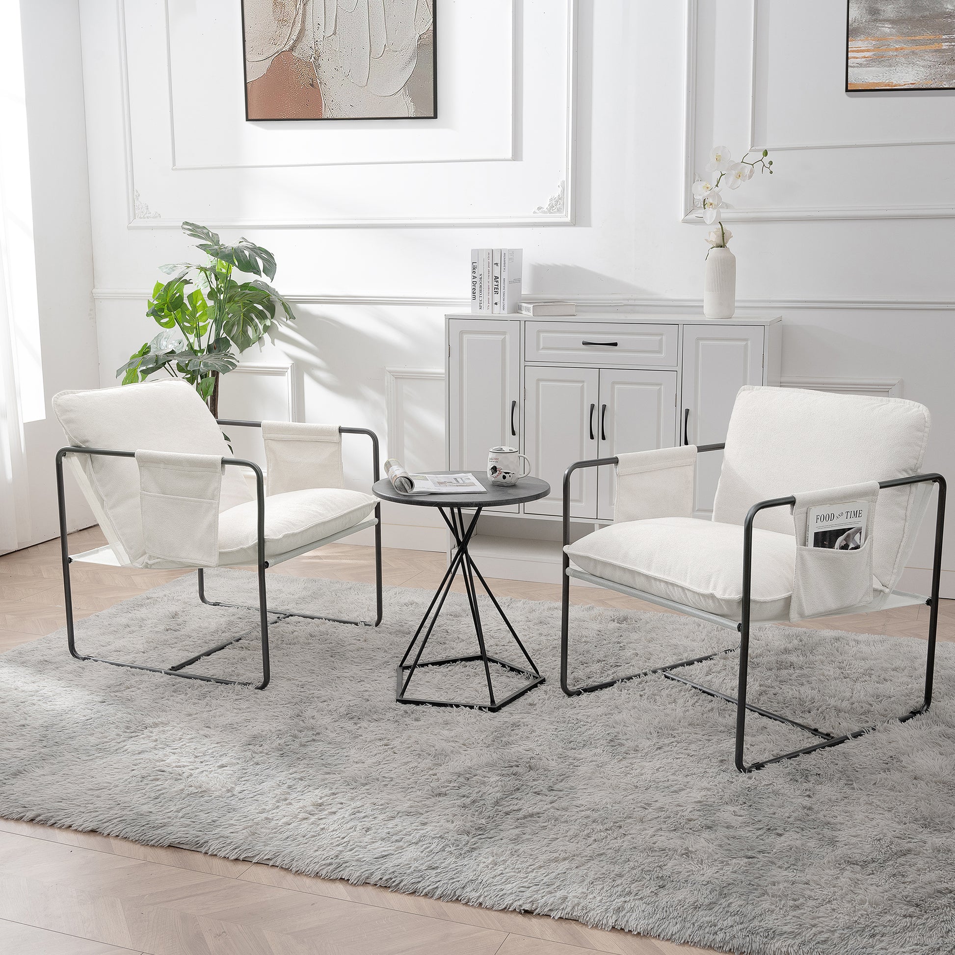 2 Sets 1 Case, Upholstered Hanging Armchair With Arm Pocket Metal Frame, Crushed Foamcushions And Skin Friendly Braid For Living Room And Bedroom. White Color White Foam Polyester