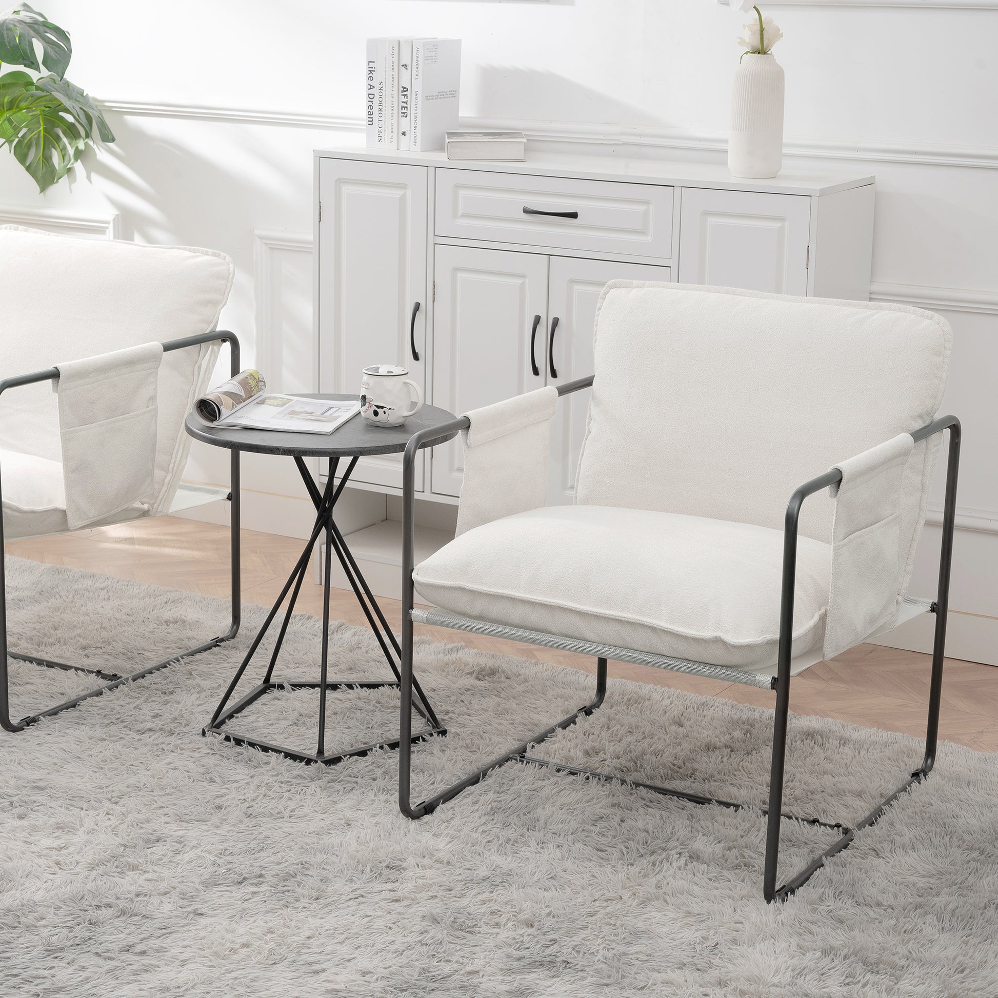 2 Sets 1 Case, Upholstered Hanging Armchair With Arm Pocket Metal Frame, Crushed Foamcushions And Skin Friendly Braid For Living Room And Bedroom. White Color White Foam Polyester