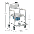 Homcom 3 In 1 Shower Commode Wheelchair, Transport Beside Commode Chair, Waterproof Rolling Over Toilet Chair 330 Lbs. Weight Capacity With Padded Seat, Gray Gray Aluminum