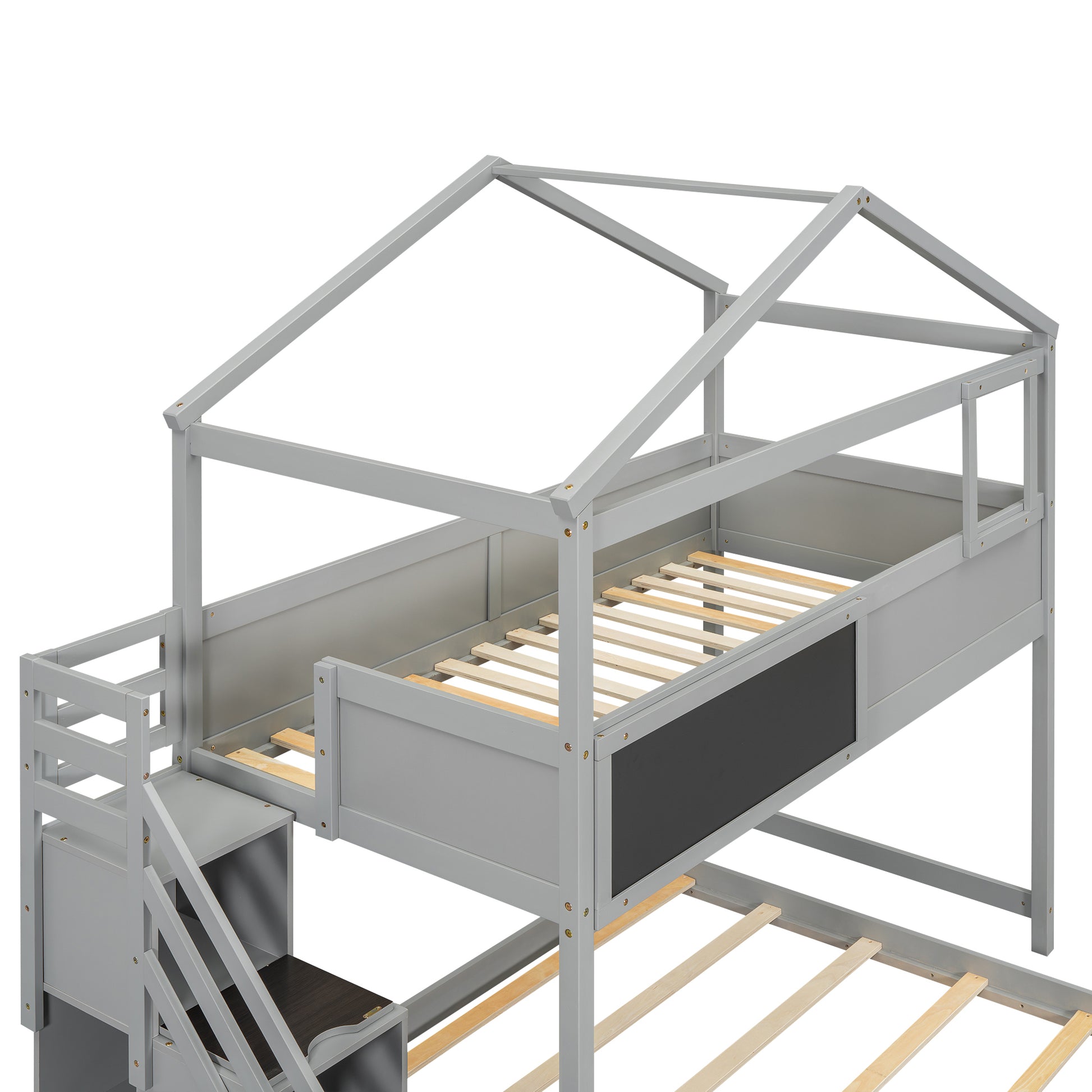 Twin Over Full House Bunk Bed With Storage Staircase And Blackboard,Gray Old Sku: Gx001701Aae Box Spring Not Required Gray Wood Bedroom Bunk Pine