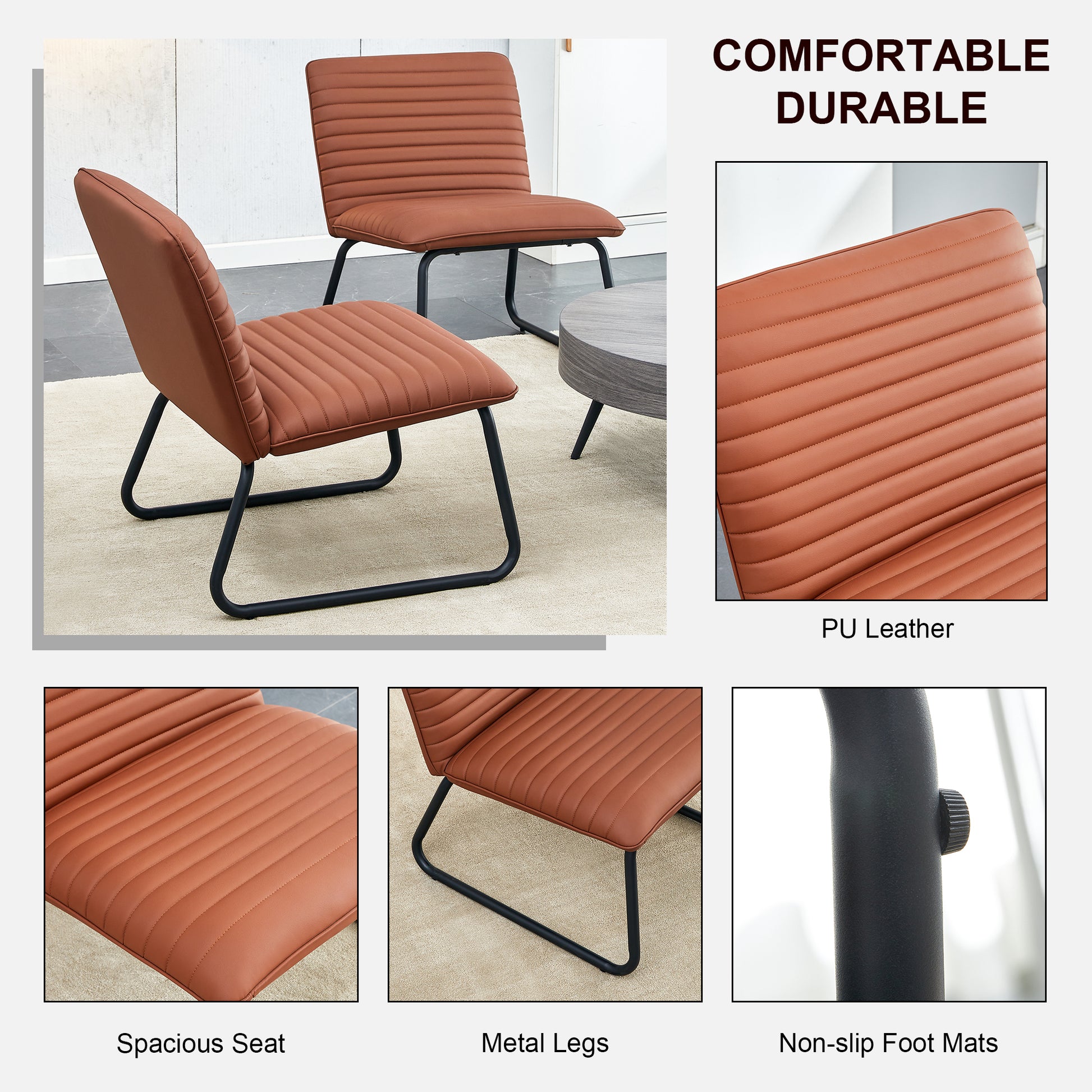Brown Minimalist Armless Sofa Chair With Pu Backrest And Black Metal Legs, Suitable For Offices, Restaurants, Kitchens, And Bedrooms Brown Metal