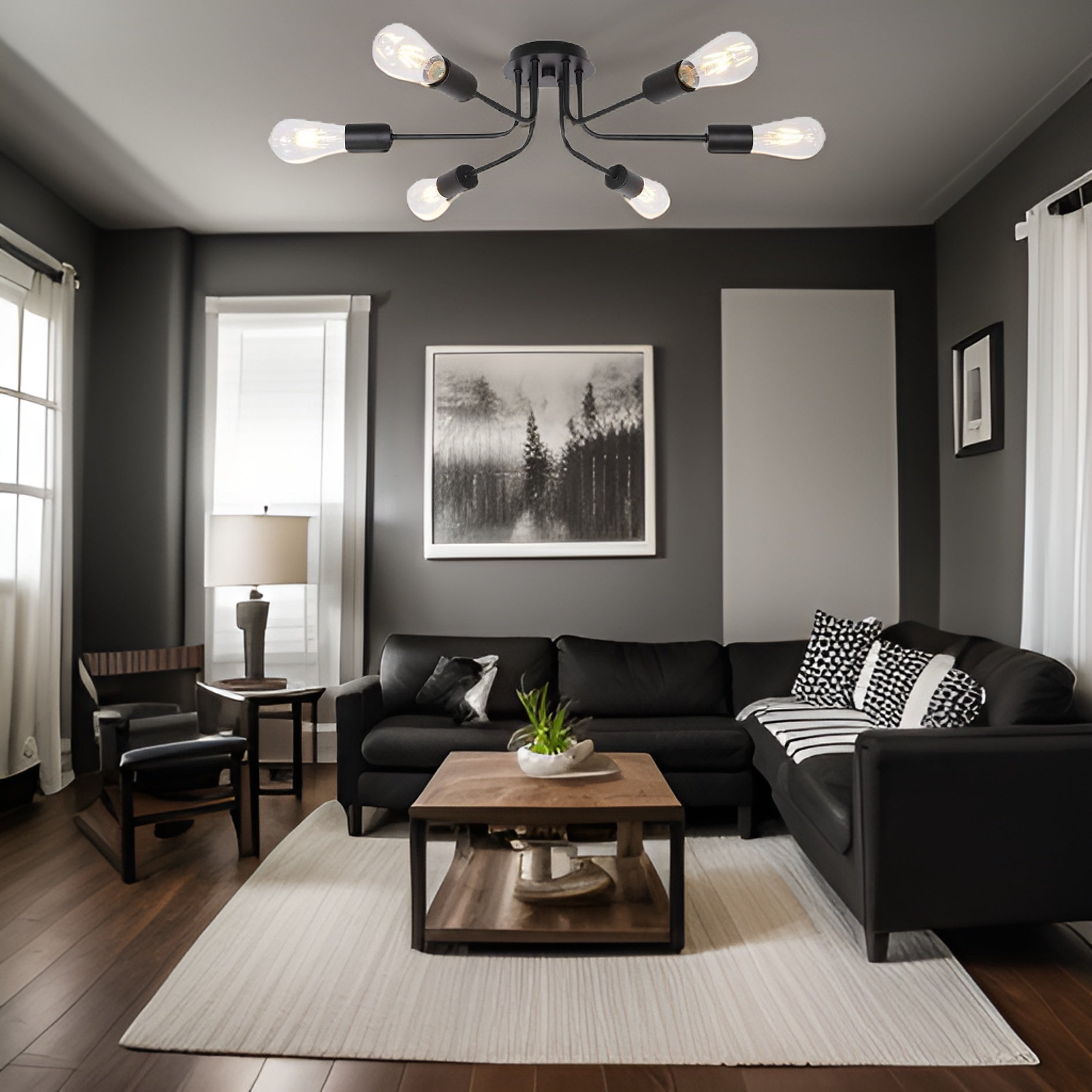 Modern Sputnik Chandelier 6 Light Semi Flush Mount Ceiling Lighting Cotemporary Industrial Brushed Nickel Ceiling Fixture Black Metal