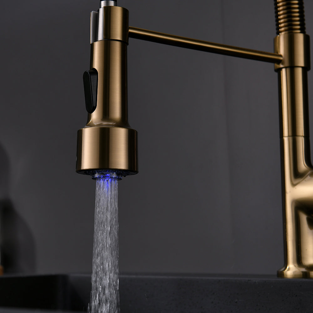 Commercial Led Kitchen Faucet With Pull Down Sprayer, Single Handle Single Lever Kitchen Sink Faucet Gold Kitchen Contemporary Ceramic Brass