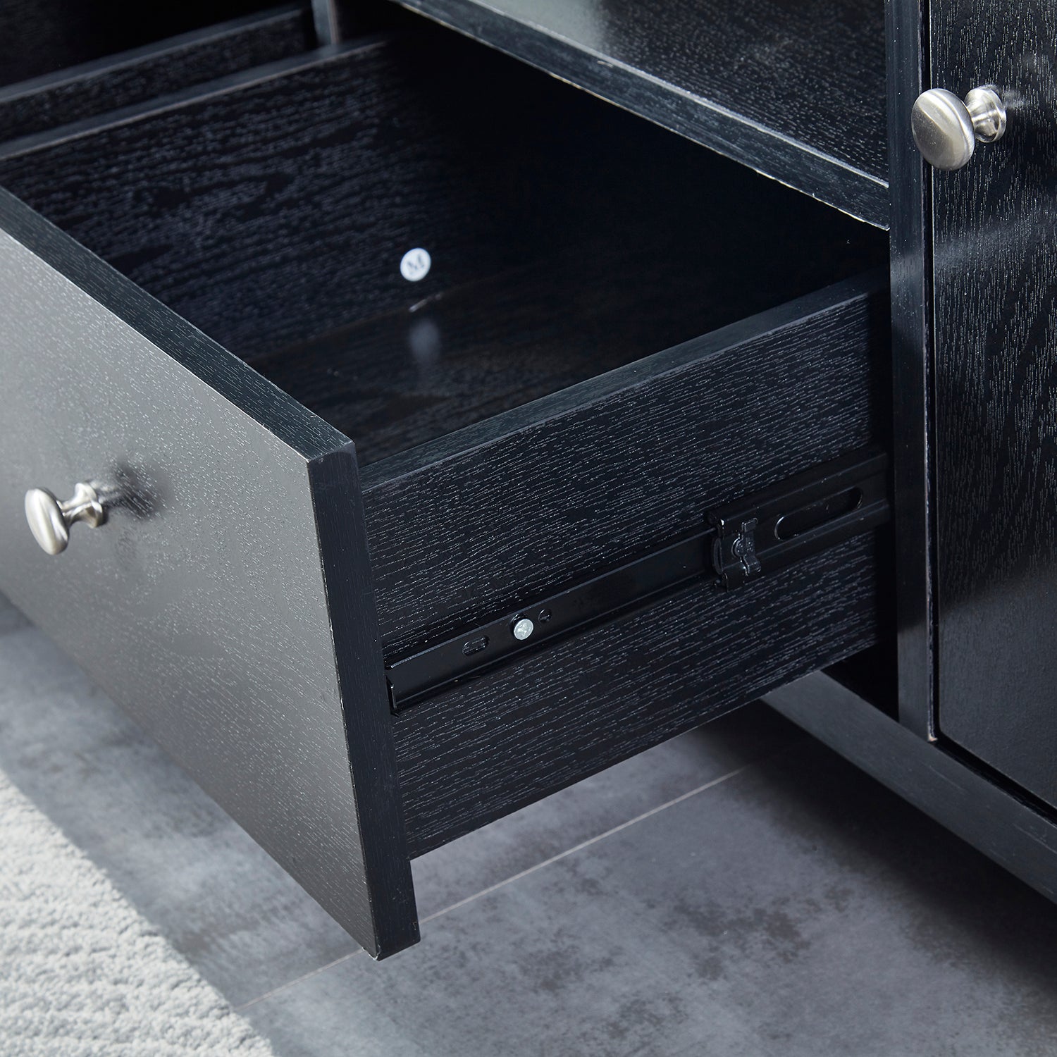 Wood Tv Stand Media Console With Storage Cabinet For Living Room, Bedroom, Black Wood Grain Finish Black Dining Room Adjustabel Shelves Mdf Glass