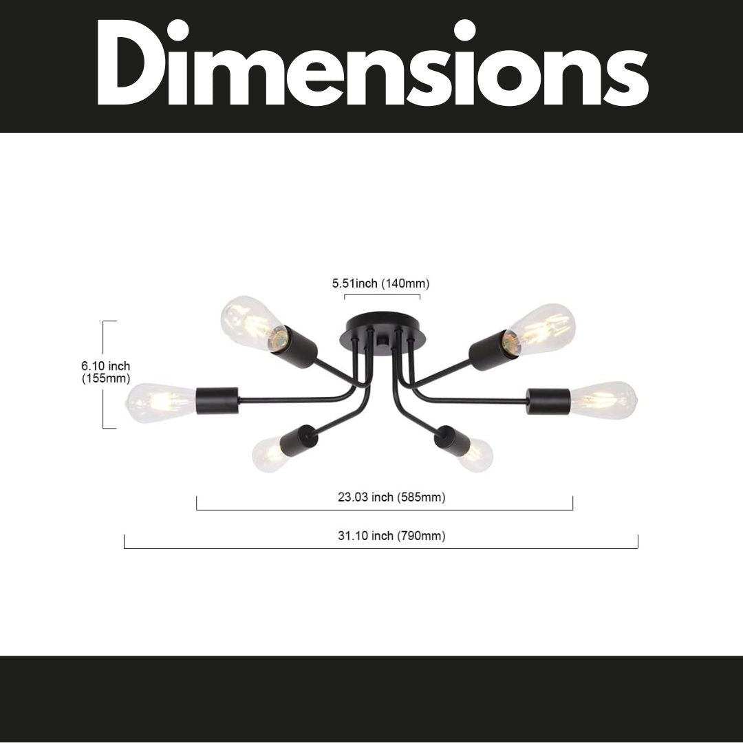 Modern Sputnik Chandelier 6 Light Semi Flush Mount Ceiling Lighting Cotemporary Industrial Brushed Nickel Ceiling Fixture Black Metal