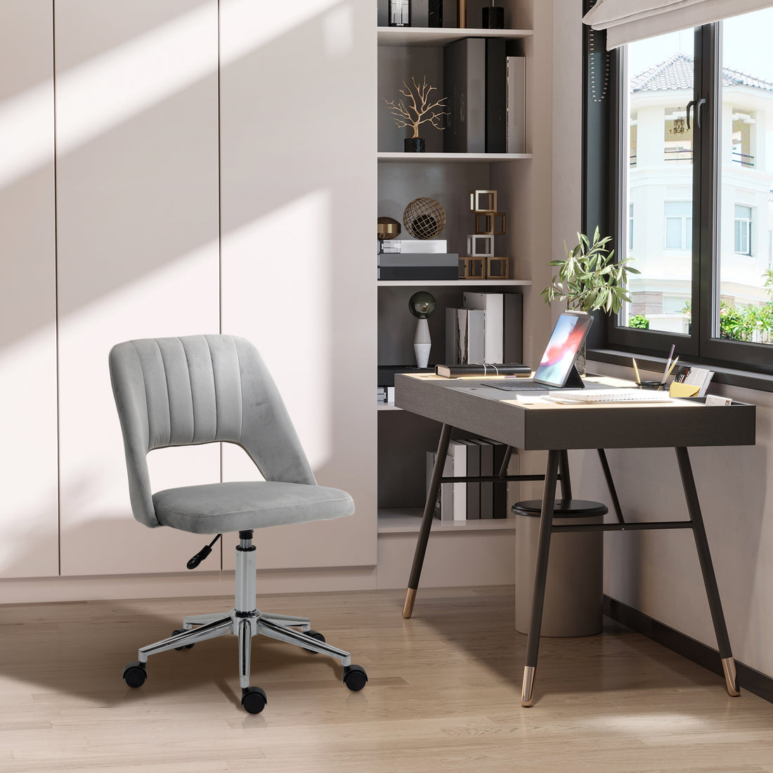 Vinsetto Modern Mid Back Office Chair With Velvet Fabric, Swivel Computer Armless Desk Chair With Hollow Back Design For Home Office, Grey Gray Polyester