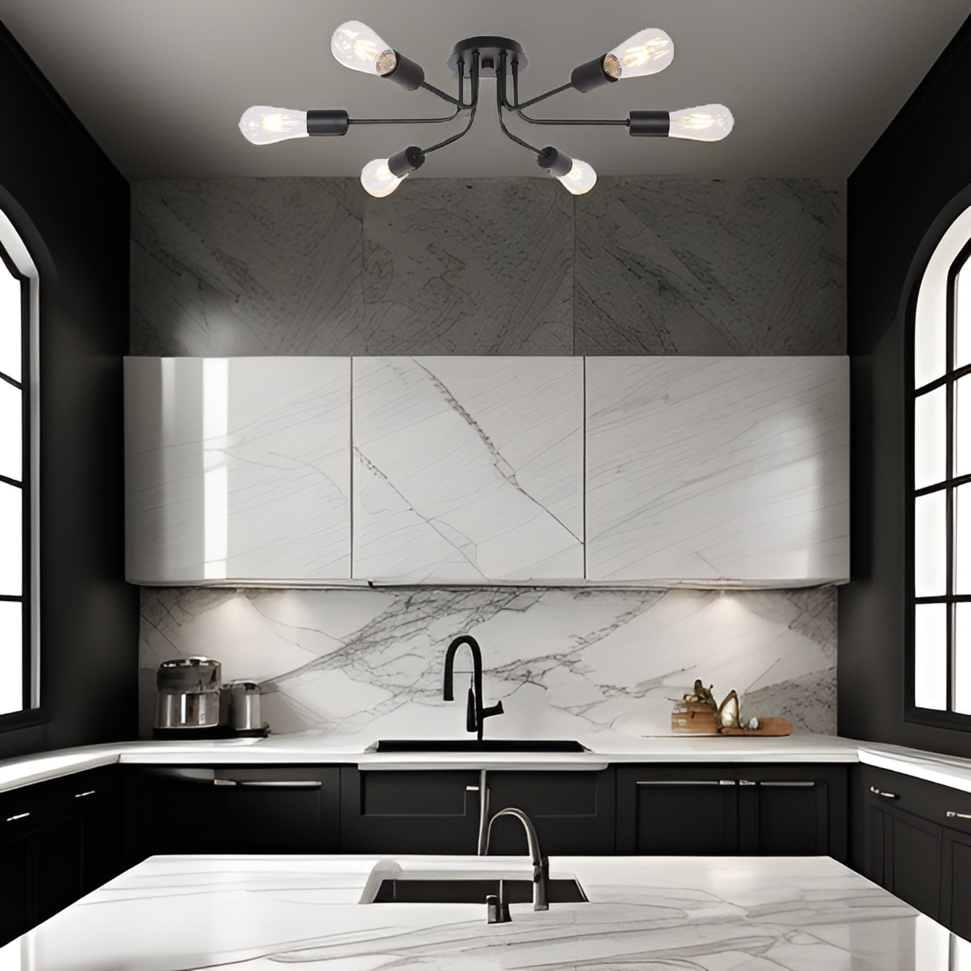 Modern Sputnik Chandelier 6 Light Semi Flush Mount Ceiling Lighting Cotemporary Industrial Brushed Nickel Ceiling Fixture Black Metal