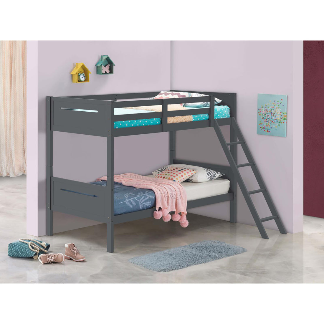 Grey Twin Twin Bunk Bed With Built In Ladder Twin Grey Wood Gray Bedroom Transitional Rubberwood Bunk Wood
