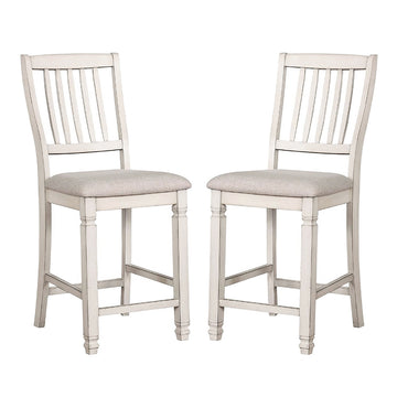 Pack Of 2 Counter Height Chairs In Antique White And Light Gray Solid Antique White Dining Room Dining Chairs Slat Back Wood Fabric