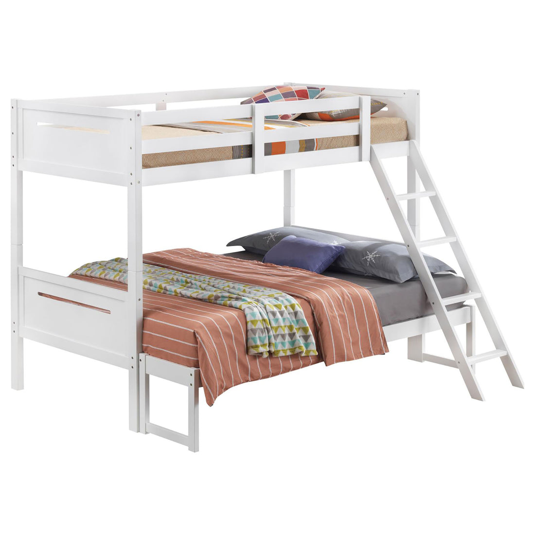 White Twin Full Bunk Bed With Built In Ladder Twin White Wood White Bedroom Transitional Rubberwood Bunk Wood