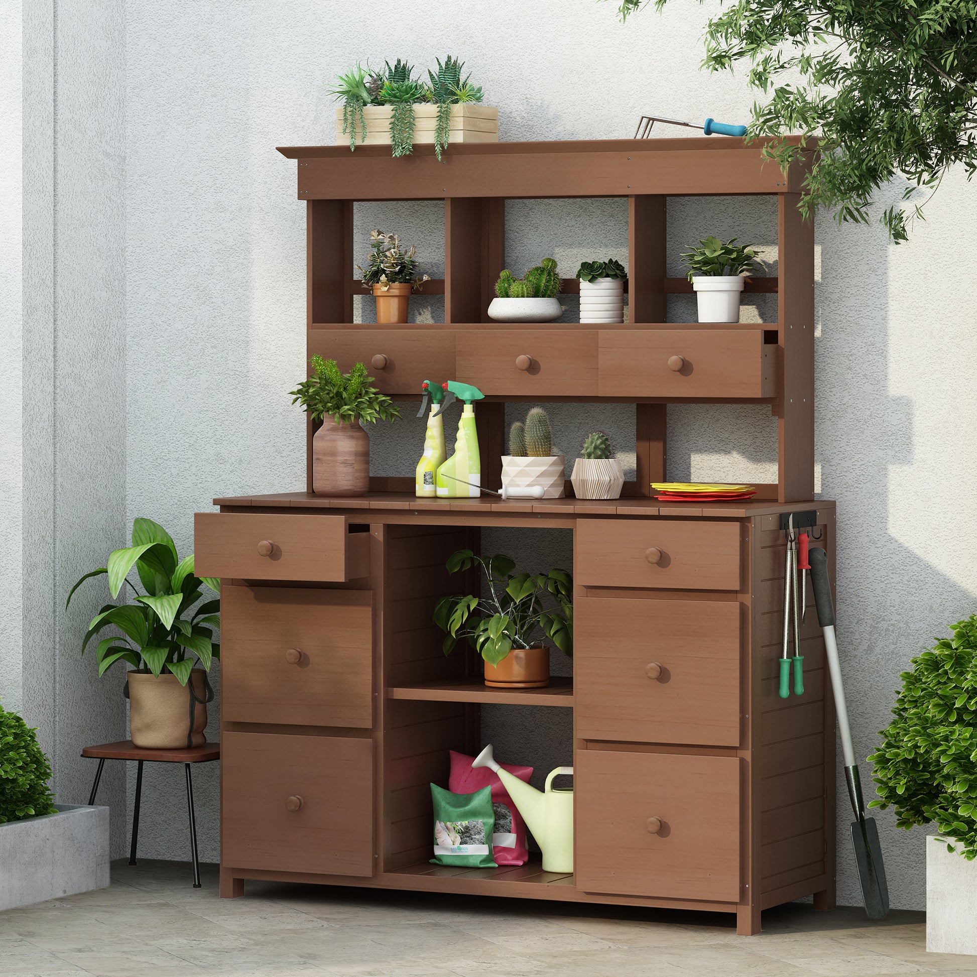 Garden Potting Bench Table, Rustic And Sleek Design With Multiple Drawers And Shelves For Storage, Brown Brown Garden & Outdoor Rustic Wood