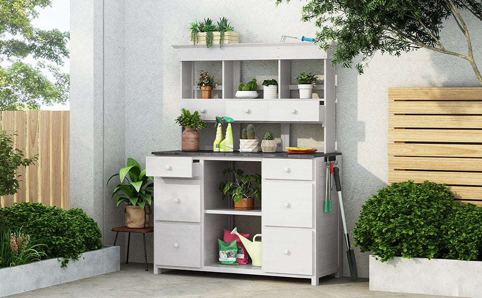 Garden Potting Bench Table, Rustic And Sleek Design With Multiple Drawers And Shelves For Storage, White And Gray White Gray Garden & Outdoor Rustic Wood