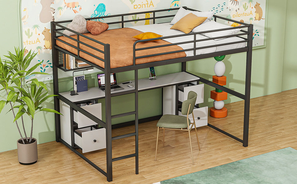 Full Size Metal Loft Bed With Desk, Drawers And Bedside Tray, Charging Station, Usb And Socket Black Mdf Metal