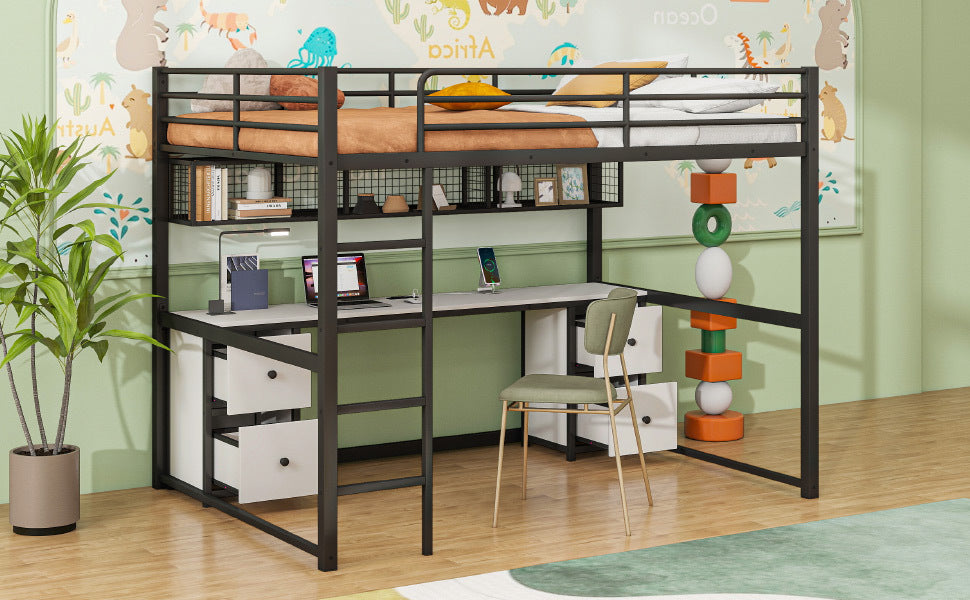 Full Size Metal Loft Bed With Desk, Drawers And Bedside Tray, Charging Station, Usb And Socket Black Mdf Metal