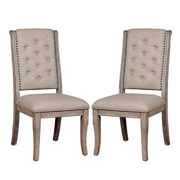 Set Of 2 Beige Upholstered Side Chairs In Rustic Natural Tone Solid Natural Dining Room Dining Chairs Tufted Back Wood Fabric