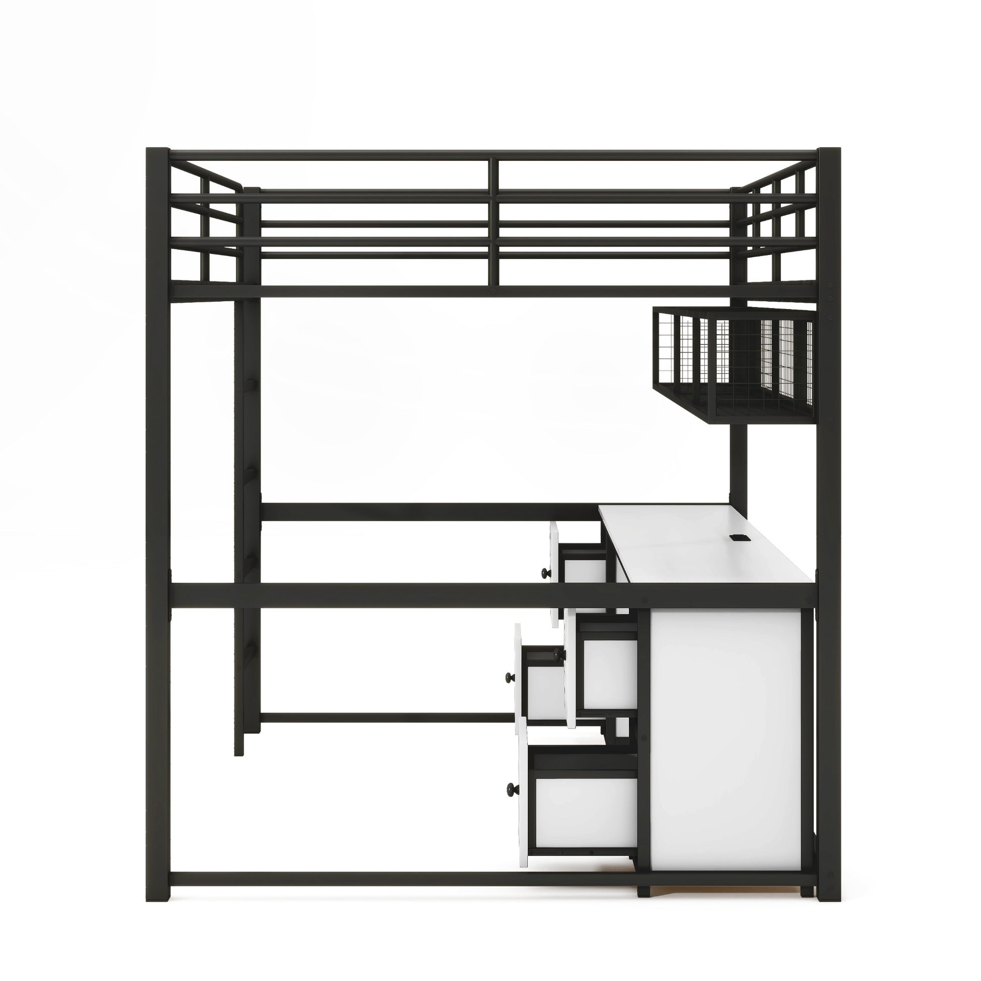 Full Size Metal Loft Bed With Desk, Drawers And Bedside Tray, Charging Station, Usb And Socket Black Mdf Metal