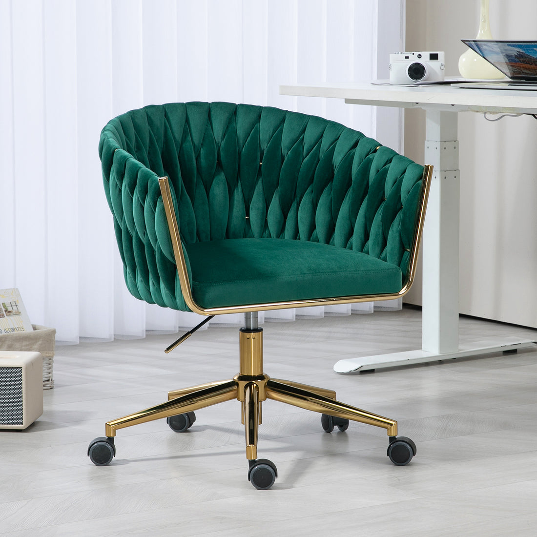 Modern Design The Backrest Is Hand Woven Office Chair,Vanity Chairs With Wheels,Height Adjustable,360 Swivel For Bedroom Living Room Green Green Bedroom Foam Modern Foam Velvet