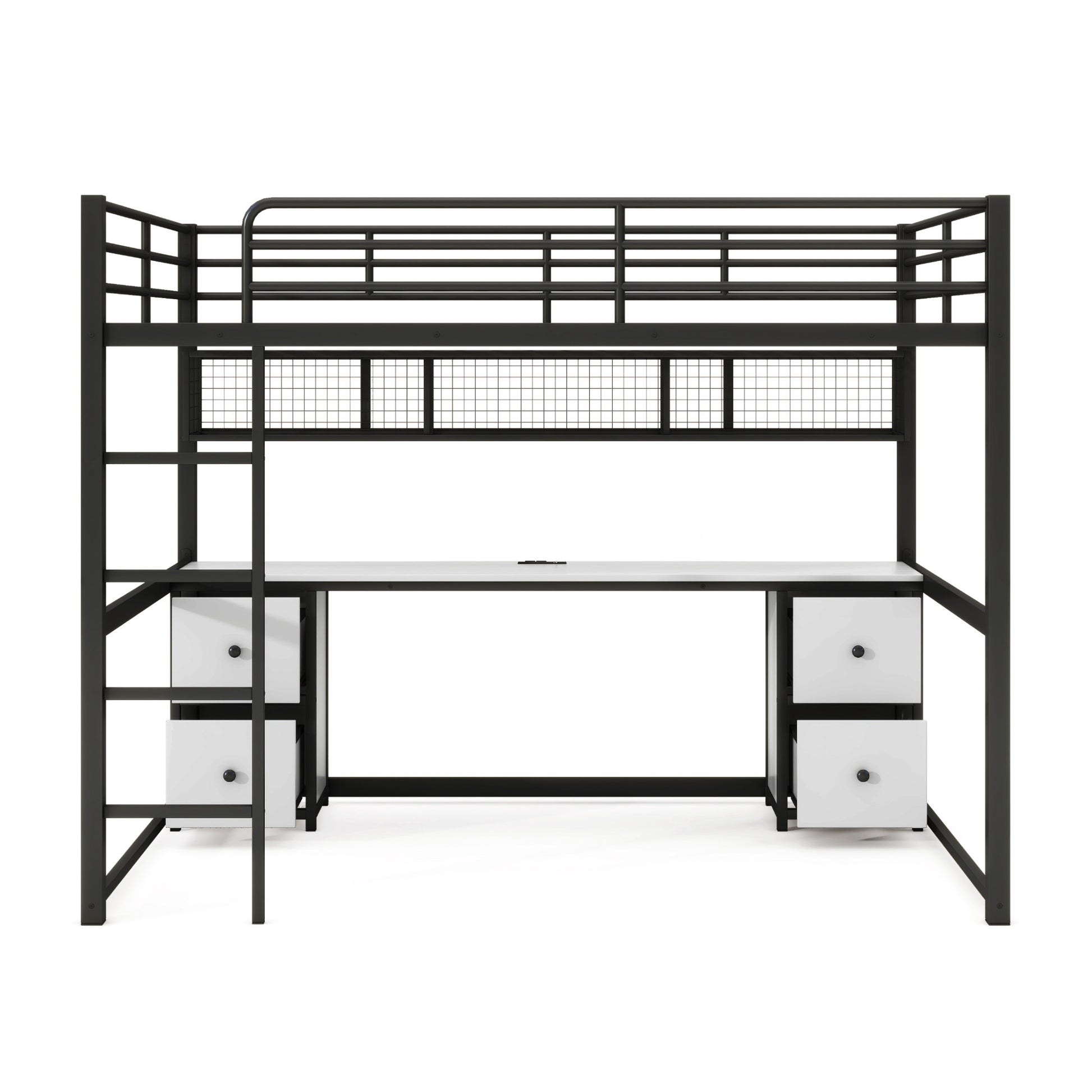 Full Size Metal Loft Bed With Desk, Drawers And Bedside Tray, Charging Station, Usb And Socket Black Mdf Metal