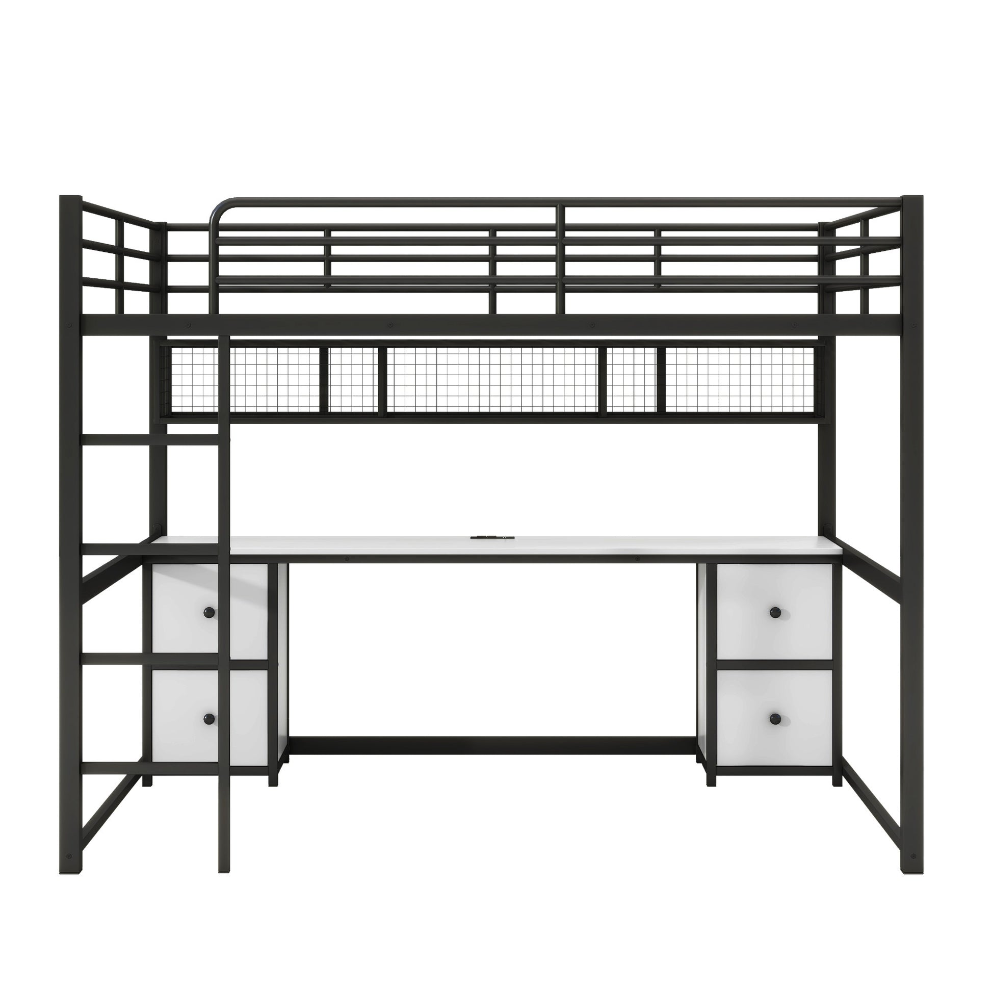 Full Size Metal Loft Bed With Desk, Drawers And Bedside Tray, Charging Station, Usb And Socket Black Mdf Metal