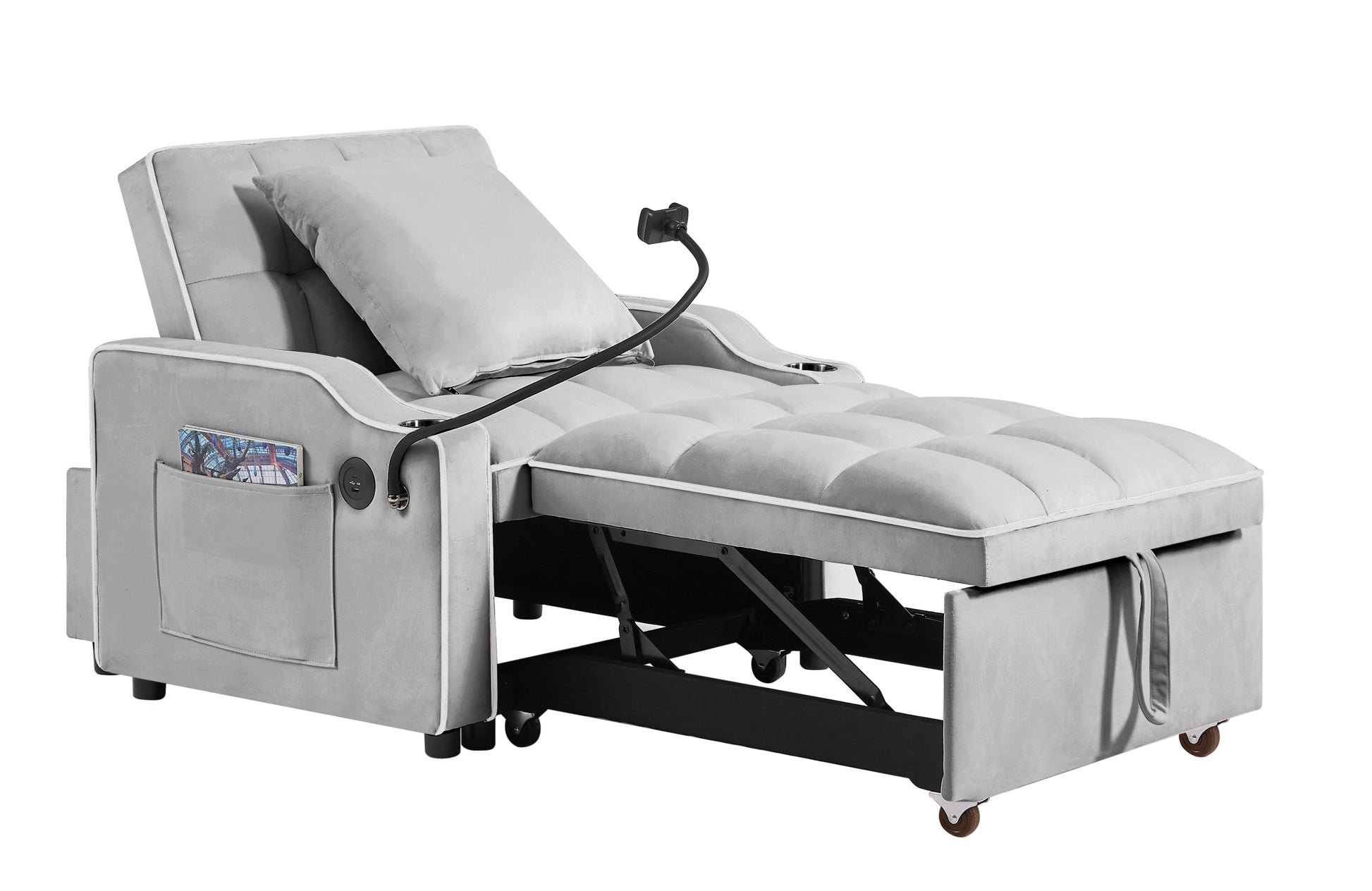 3 In 1 Sofa Bed, Convertible Sleeper Chair Sofa Bed Adjustable Pull Out Sleeper Chair Bed Multi Pockets Folding Sofa Bed For Living Room Bedroom Small Space Grey Grey Velvet 1 Seat