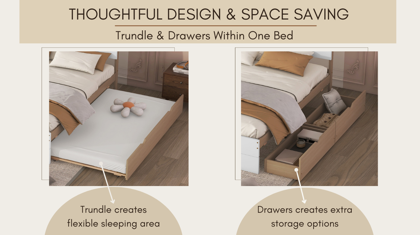 Modern Full Bed Frame With Twin Size Trundle And 2 Drawers For White High Gloss With Light Oak Color White Oak Solid Wood Mdf