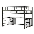 Full Size Metal Loft Bed With Desk, Drawers And Bedside Tray, Charging Station, Usb And Socket Black Mdf Metal