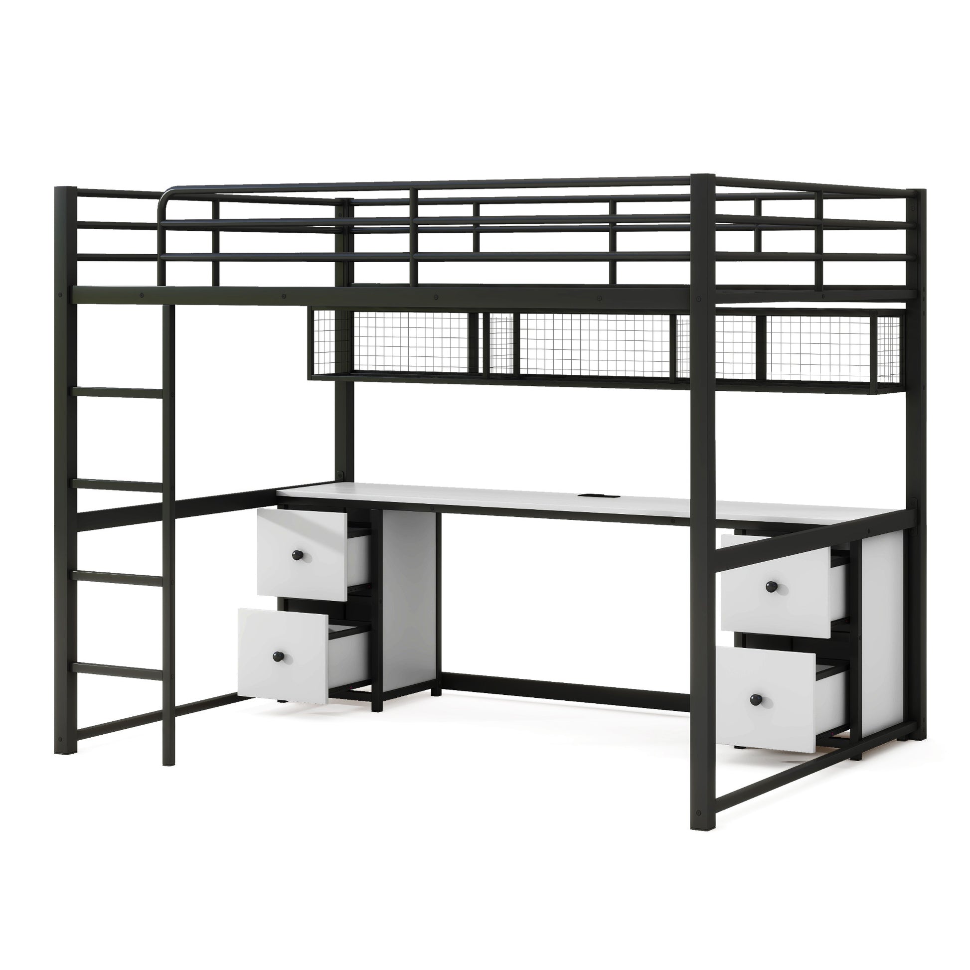 Full Size Metal Loft Bed With Desk, Drawers And Bedside Tray, Charging Station, Usb And Socket Black Mdf Metal