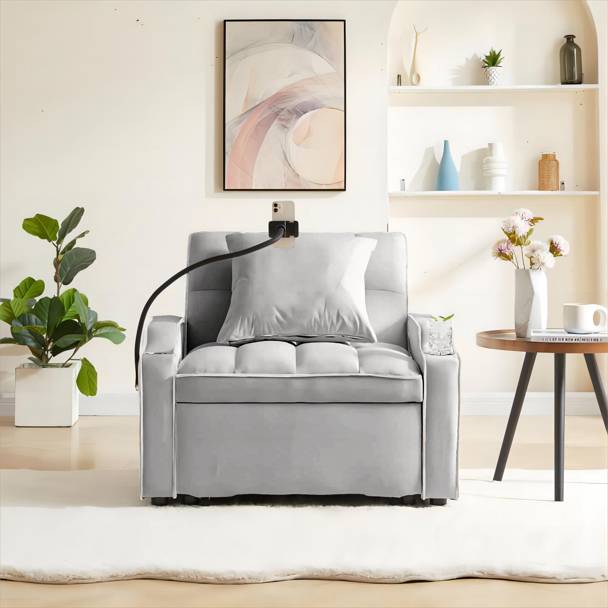 3 In 1 Sofa Bed, Convertible Sleeper Chair Sofa Bed Adjustable Pull Out Sleeper Chair Bed Multi Pockets Folding Sofa Bed For Living Room Bedroom Small Space Grey Grey Velvet 1 Seat
