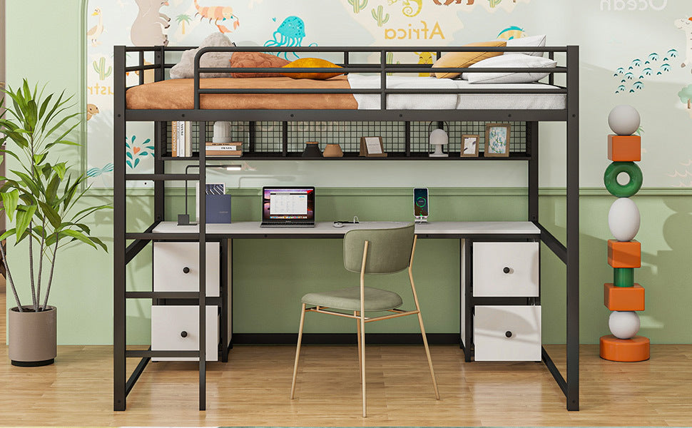Full Size Metal Loft Bed With Desk, Drawers And Bedside Tray, Charging Station, Usb And Socket Black Mdf Metal