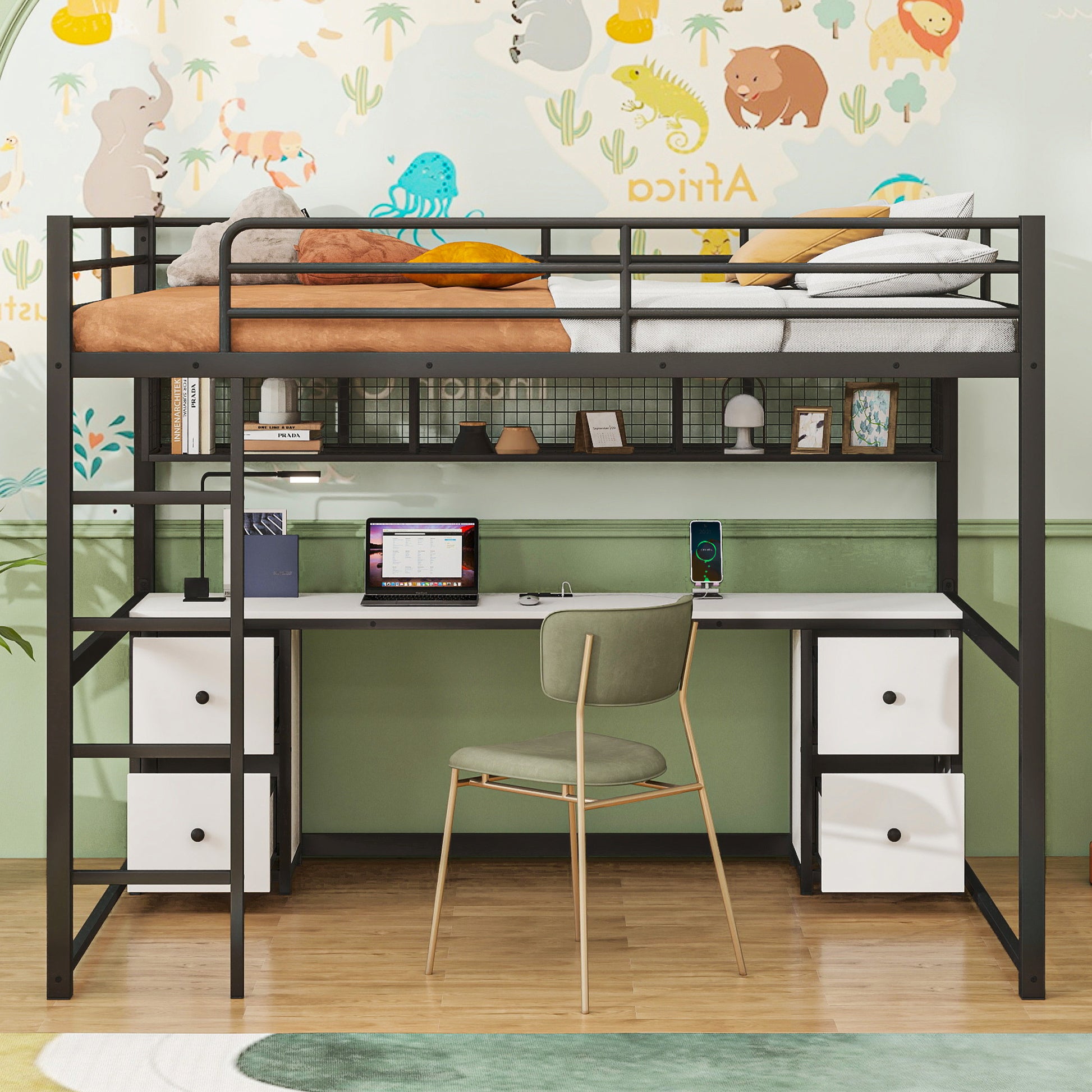 Full Size Metal Loft Bed With Desk, Drawers And Bedside Tray, Charging Station, Usb And Socket Black Mdf Metal