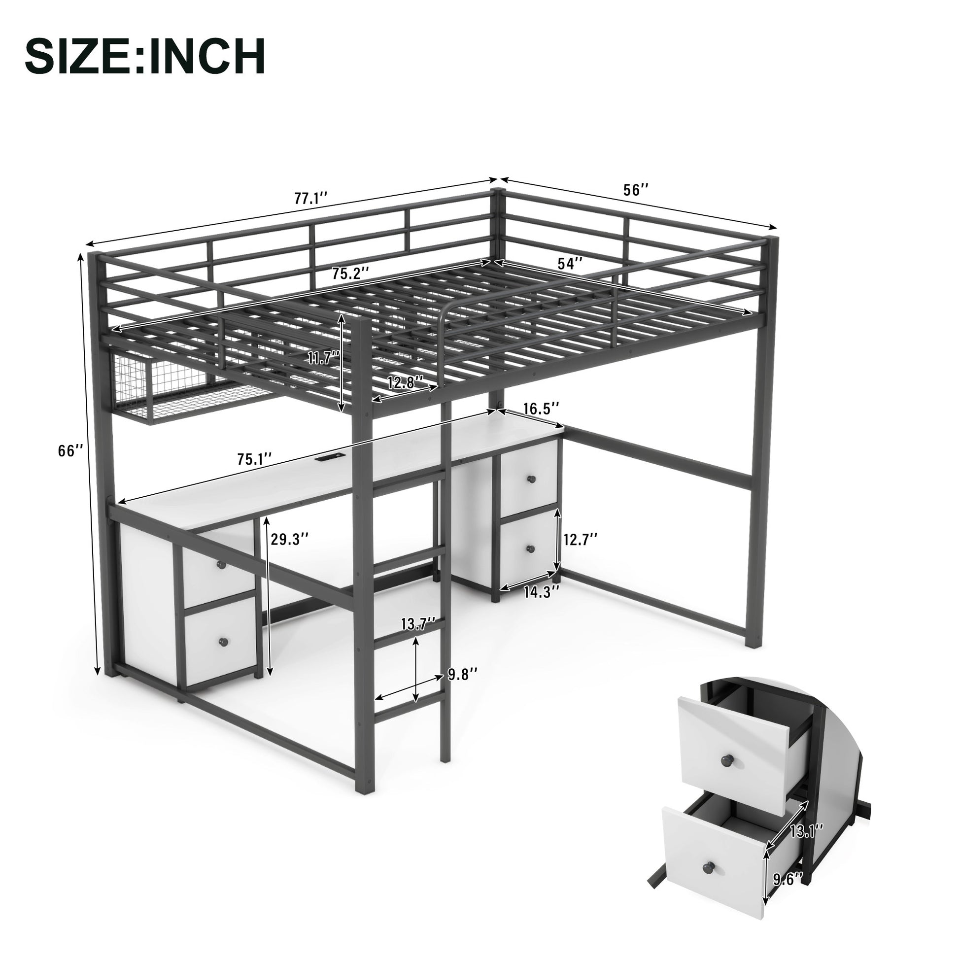 Full Size Metal Loft Bed With Desk, Drawers And Bedside Tray, Charging Station, Usb And Socket Black Mdf Metal