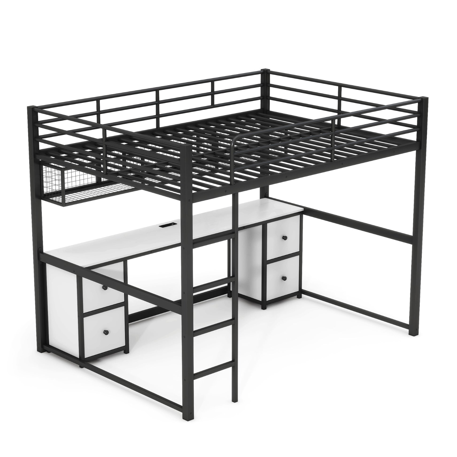 Full Size Metal Loft Bed With Desk, Drawers And Bedside Tray, Charging Station, Usb And Socket Black Mdf Metal