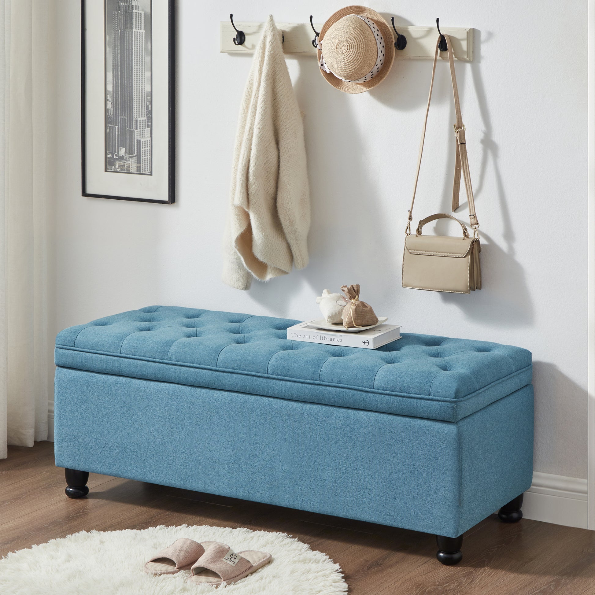 Upholstered Tufted Button Storage Bench ,Linen Fabric Entry Bench With Spindle Wooden Legs, Bed Bench Light Blue Tufted Light Blue Espresso Linen Or Linen Blend Primary Living Space Black American Design Rubberwood Wood Internal Storage Foam Linen