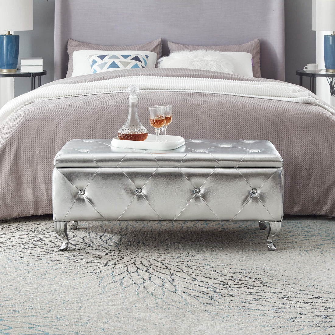 Upholstered Storage Ottoman Bench For Bedroom End Of Bed Faux Leather Rectangular Storage Benches Footrest With Crystal Buttons For Living Room Entryway Silver White Wood Bedroom Black Pattern Pine