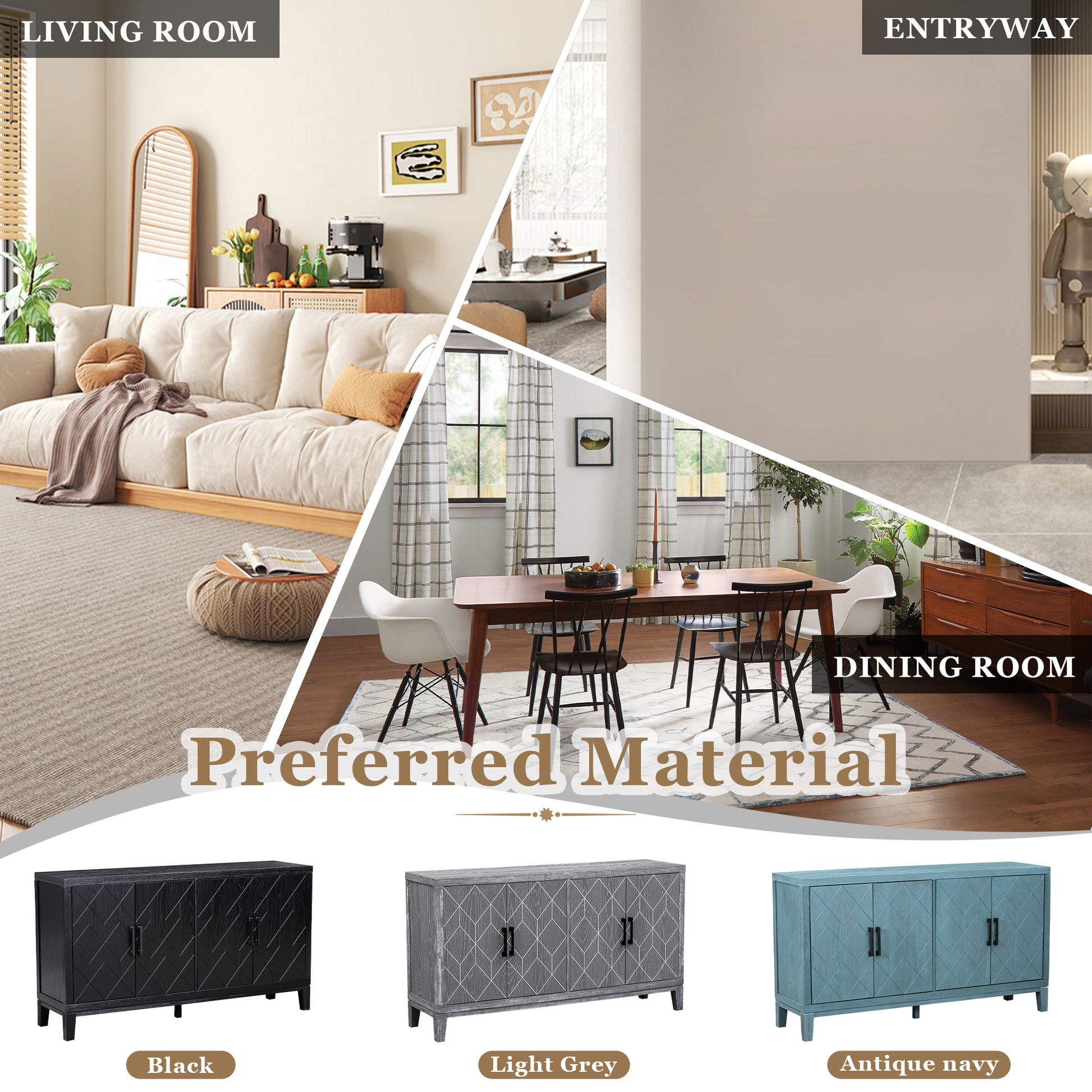 4 Door Retro Sideboard With Adjustable Shelves, Two Large Cabinet With Long Handle, For Living Room And Dining Room Black Black Mdf