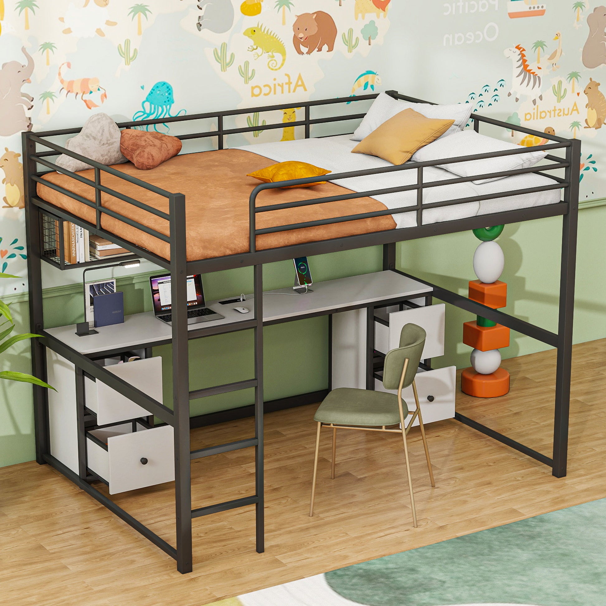 Full Size Metal Loft Bed With Desk, Drawers And Bedside Tray, Charging Station, Usb And Socket Black Mdf Metal