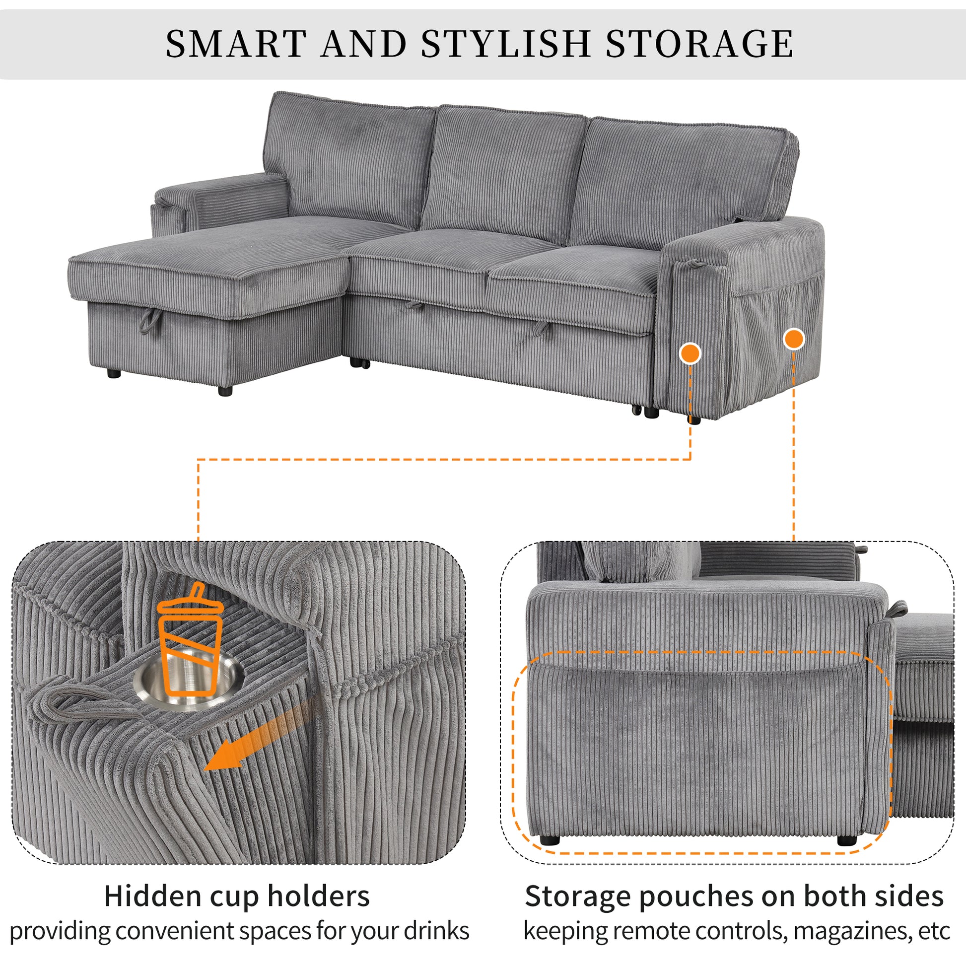 Upholstery Sleeper Sectional Sofa With Storage Bags And 2 Cup Holders On Arms Gray Wood Cushion Back Square Arms Polyester 3 Seat