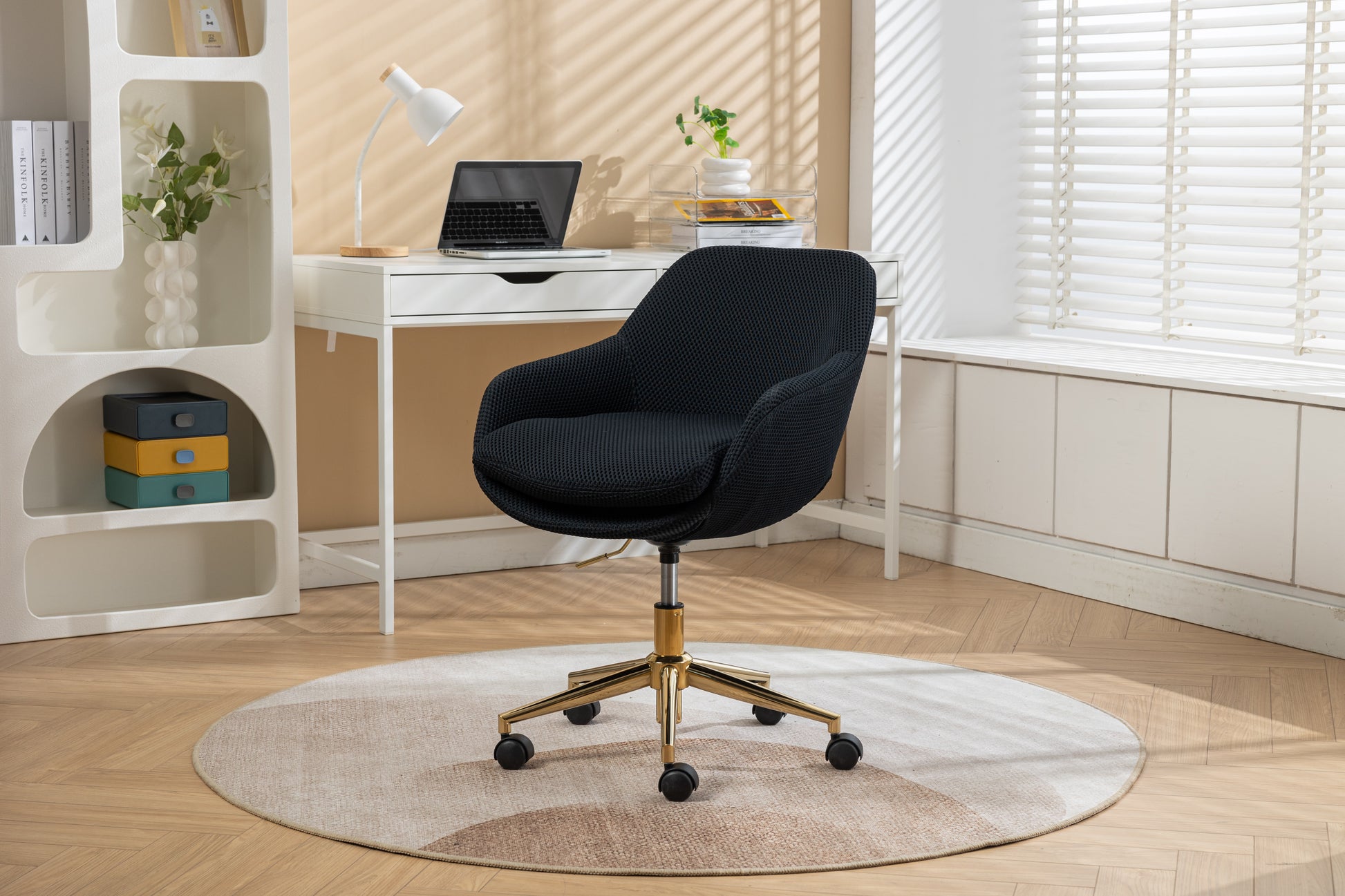 046 Mesh Fabric Home Office 360 Swivel Chair Adjustable Height With Gold Metal Base,Black Solid Black Office Sponge Wipe Clean Modern Office Chairs Tufted Back Foam Adjustable Height Fabric Mesh
