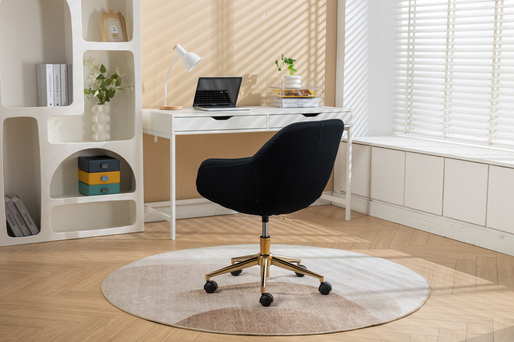 046 Mesh Fabric Home Office 360 Swivel Chair Adjustable Height With Gold Metal Base,Black Solid Black Office Sponge Wipe Clean Modern Office Chairs Tufted Back Foam Adjustable Height Fabric Mesh
