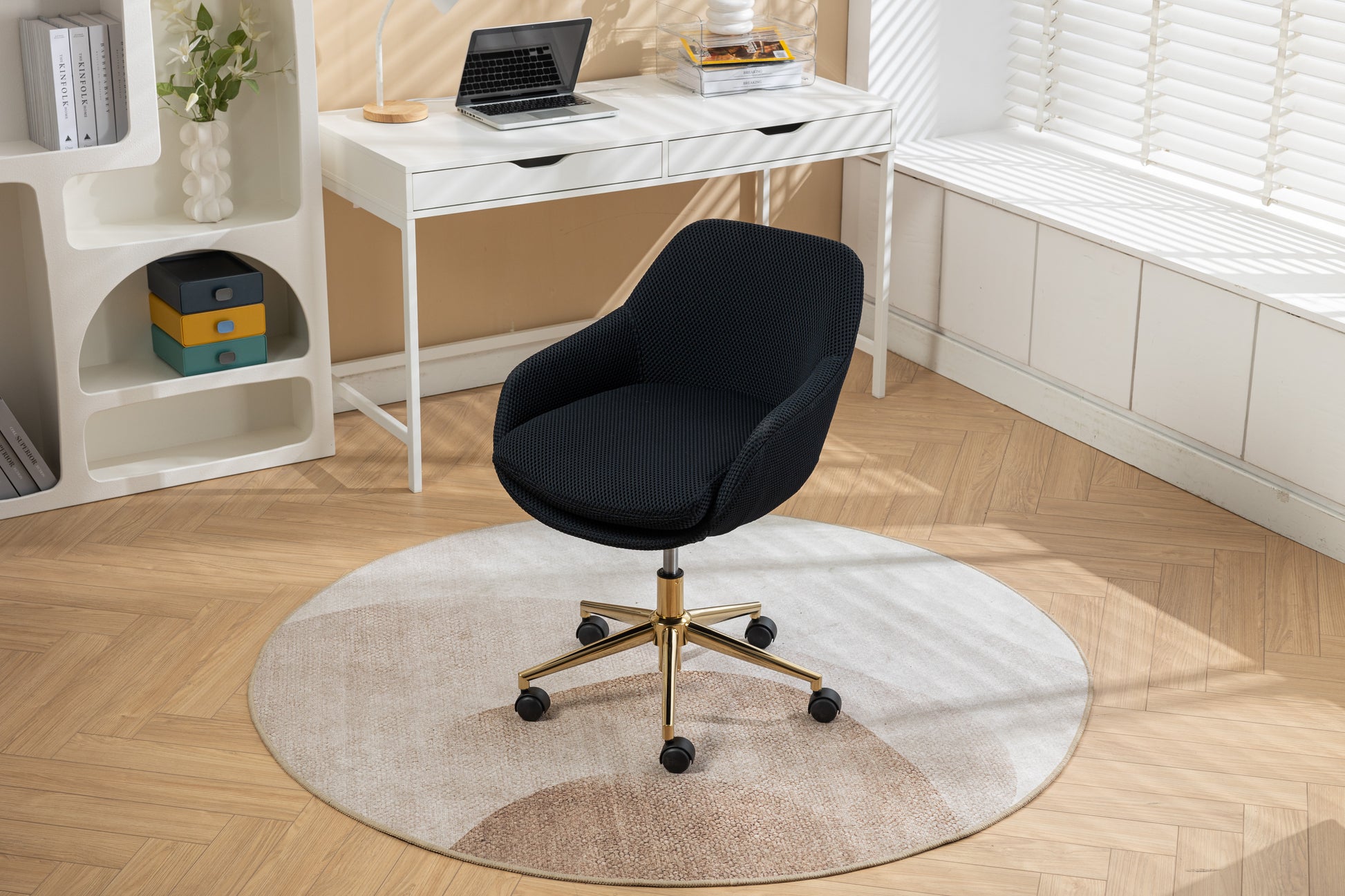 046 Mesh Fabric Home Office 360 Swivel Chair Adjustable Height With Gold Metal Base,Black Solid Black Office Sponge Wipe Clean Modern Office Chairs Tufted Back Foam Adjustable Height Fabric Mesh