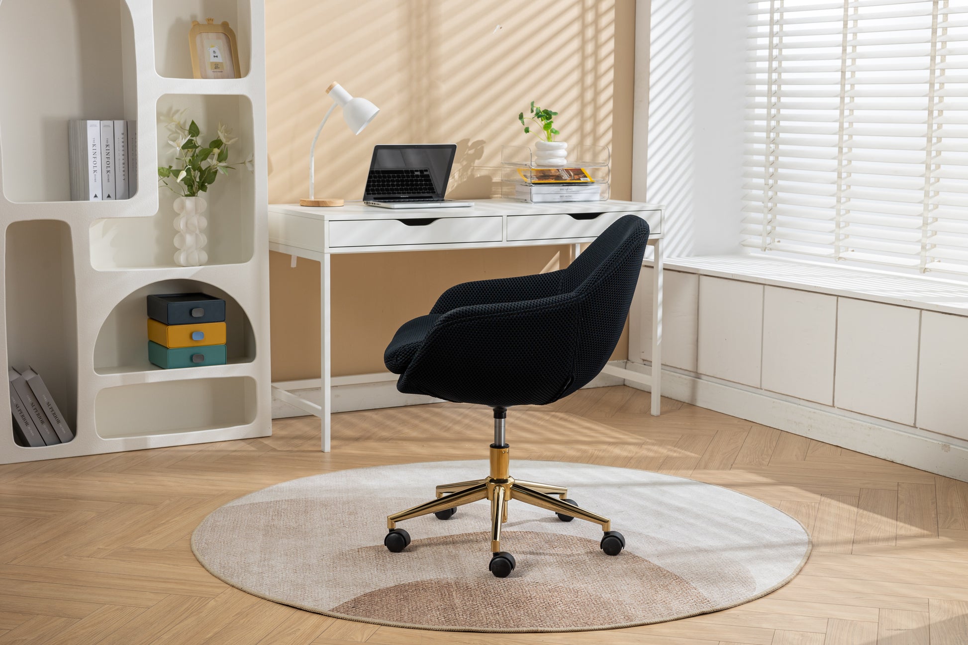 046 Mesh Fabric Home Office 360 Swivel Chair Adjustable Height With Gold Metal Base,Black Solid Black Office Sponge Wipe Clean Modern Office Chairs Tufted Back Foam Adjustable Height Fabric Mesh
