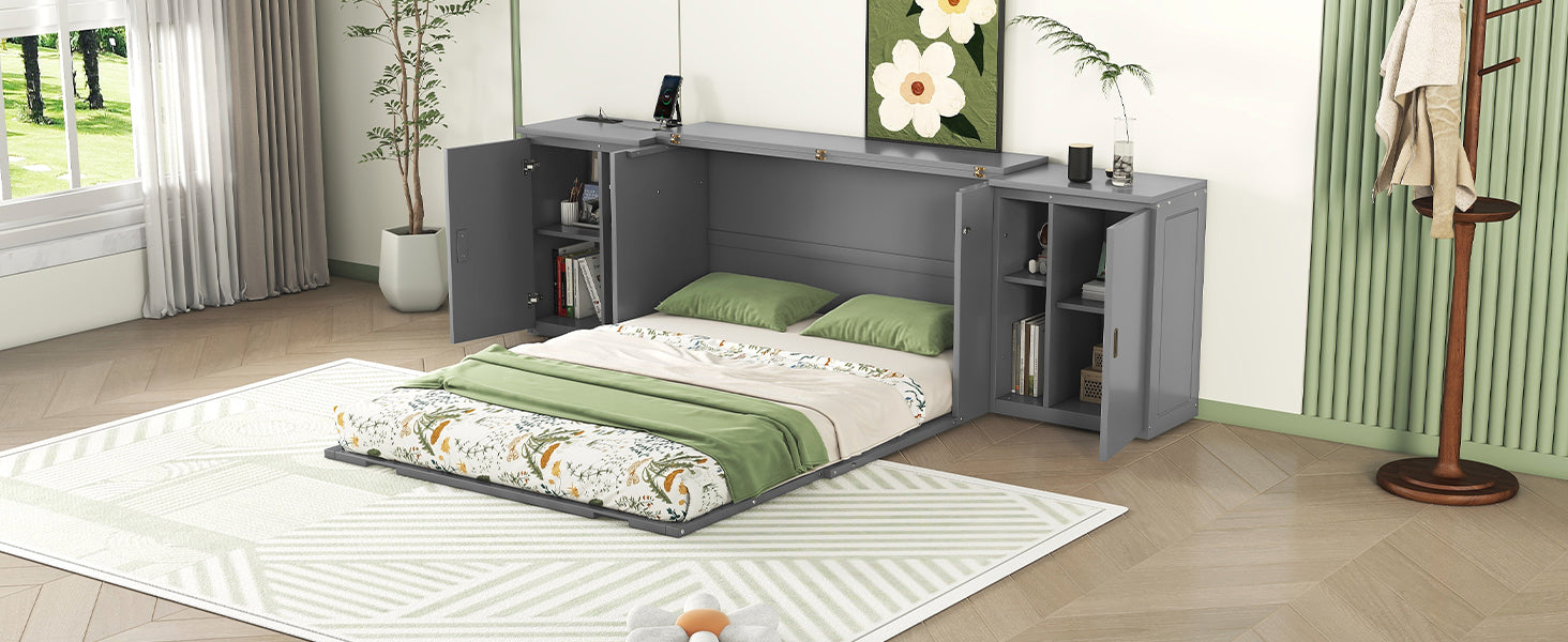 Queen Size Murphy Bed With Shelves, Cabinets And Usb Ports,Gray Queen Gray Mdf Lvl
