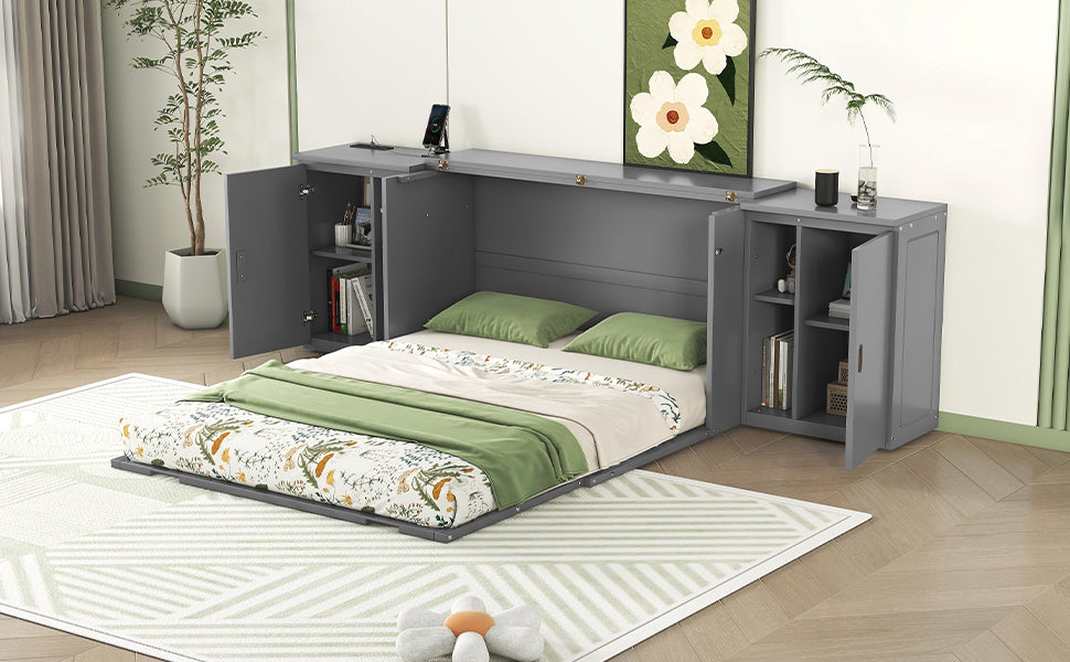 Queen Size Murphy Bed With Shelves, Cabinets And Usb Ports,Gray Queen Gray Mdf Lvl