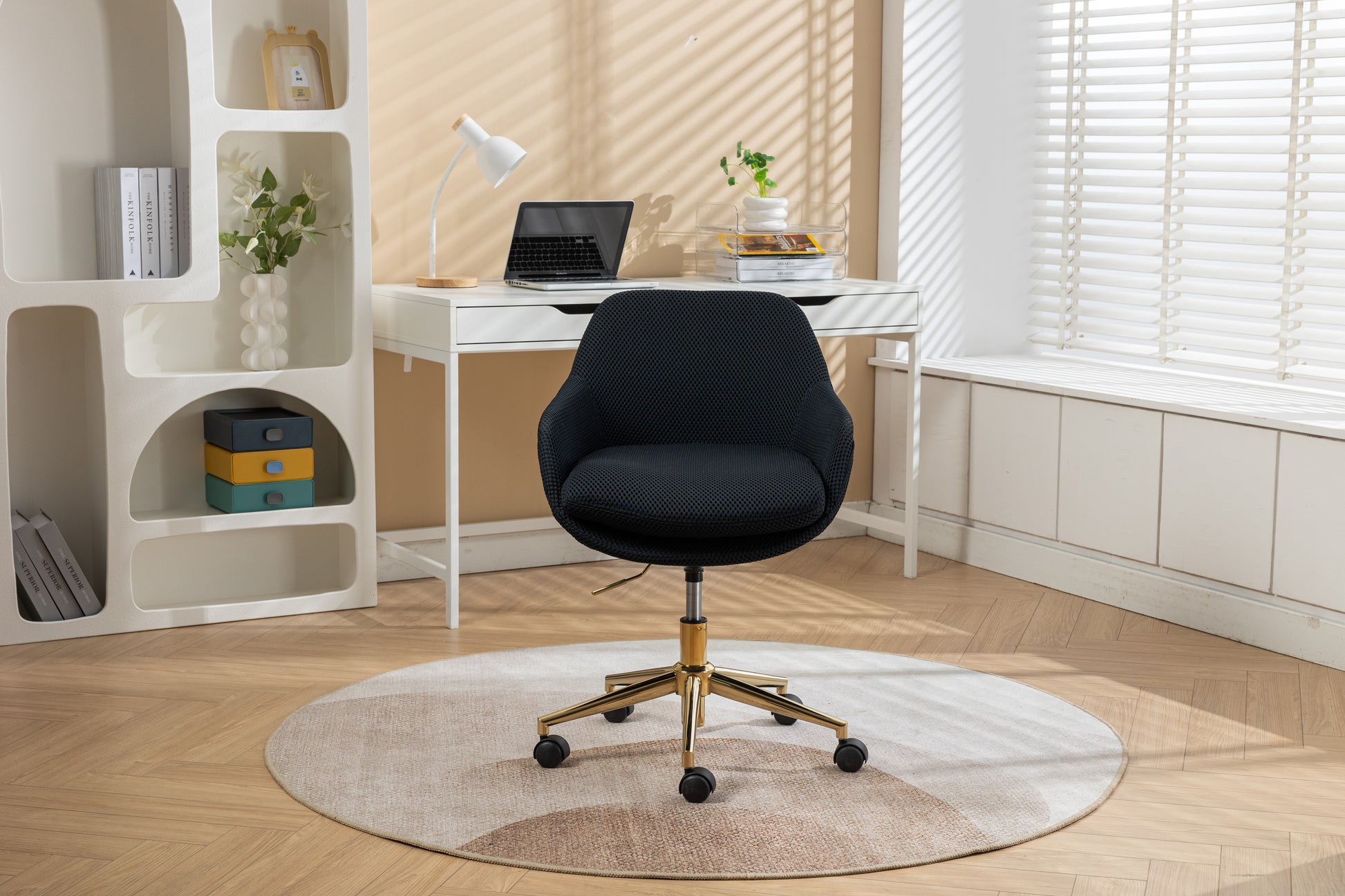 046 Mesh Fabric Home Office 360 Swivel Chair Adjustable Height With Gold Metal Base,Black Solid Black Office Sponge Wipe Clean Modern Office Chairs Tufted Back Foam Adjustable Height Fabric Mesh