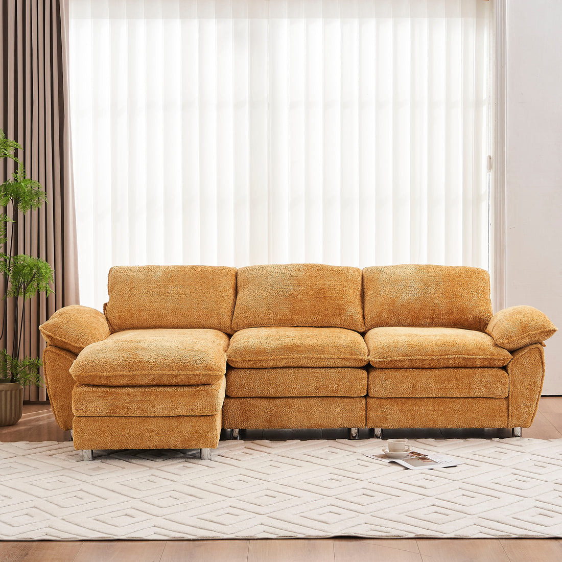 Modern Deep 3 Seat Sofa Couch With Ottoman, Polyester Sofa Sleeper Comfy Upholstered Furniture For Living Room, Apartment, Studio, Office,Yellow Yellow Polyester 3 Seat