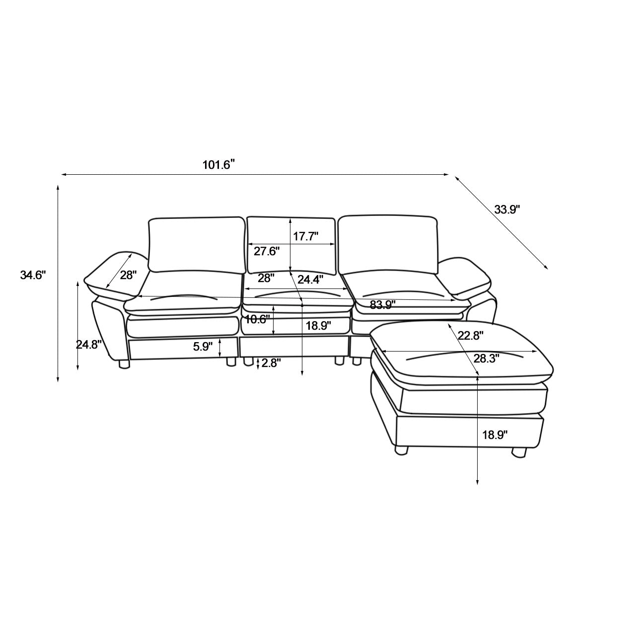 Modern Deep 3 Seat Sofa Couch With Ottoman, Polyester Sofa Sleeper Comfy Upholstered Furniture For Living Room, Apartment, Studio, Office,Yellow Yellow Polyester 3 Seat