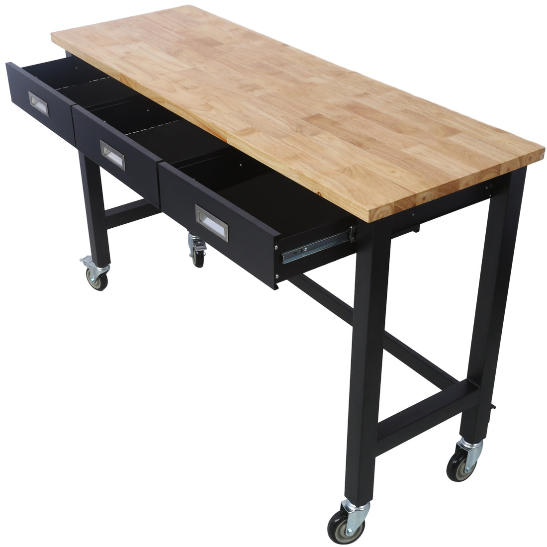 60In Work Bench, Workbench With Drawer Storage, Heavy Duty Bamboo Wood Work Table With Wheels For Garage Home Office Black Steel