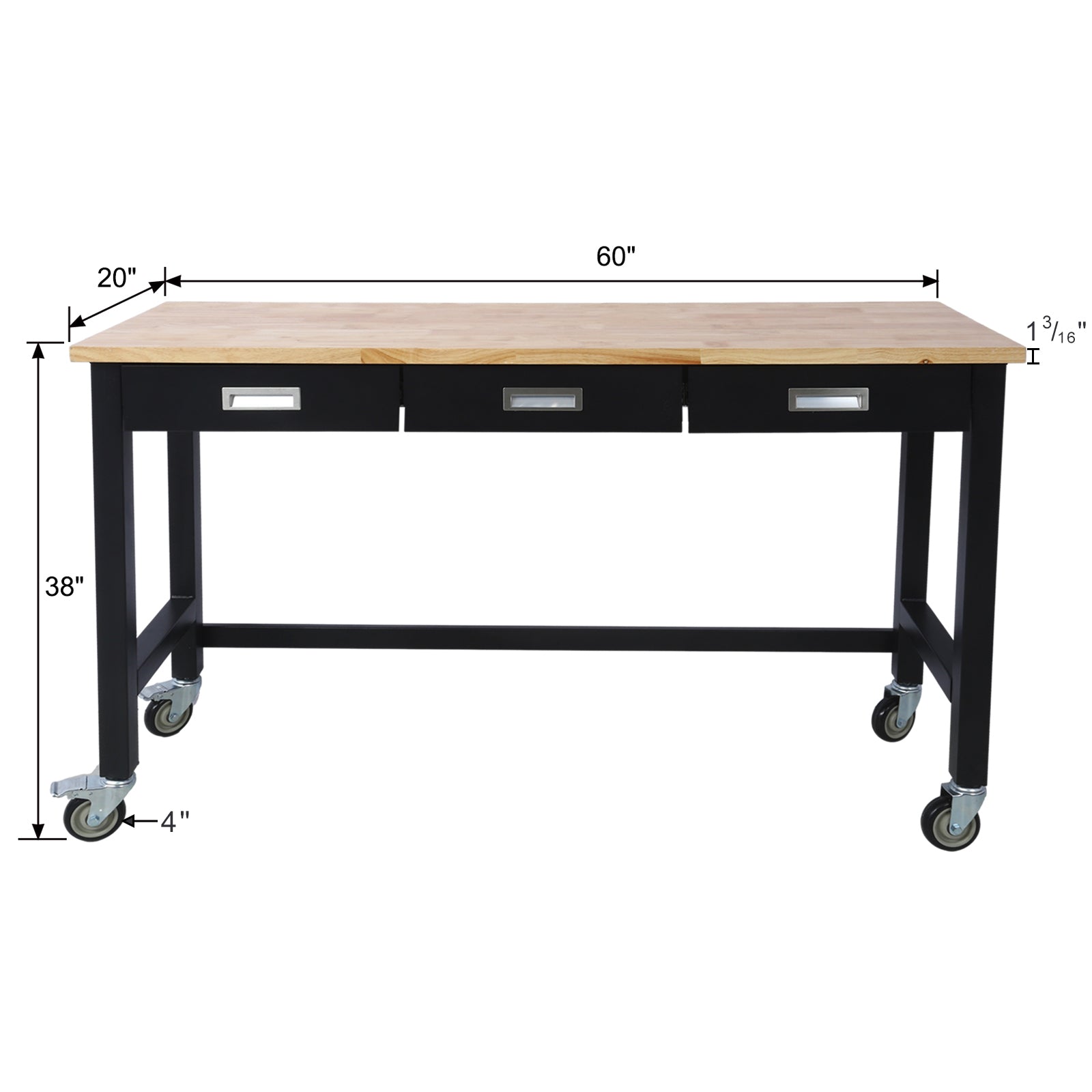 60In Work Bench, Workbench With Drawer Storage, Heavy Duty Bamboo Wood Work Table With Wheels For Garage Home Office Black Steel